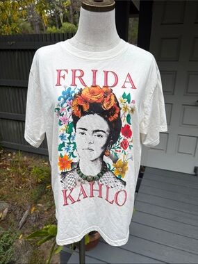 Frida Kahlo Graphic Tee - White with Multicolor Floral Print